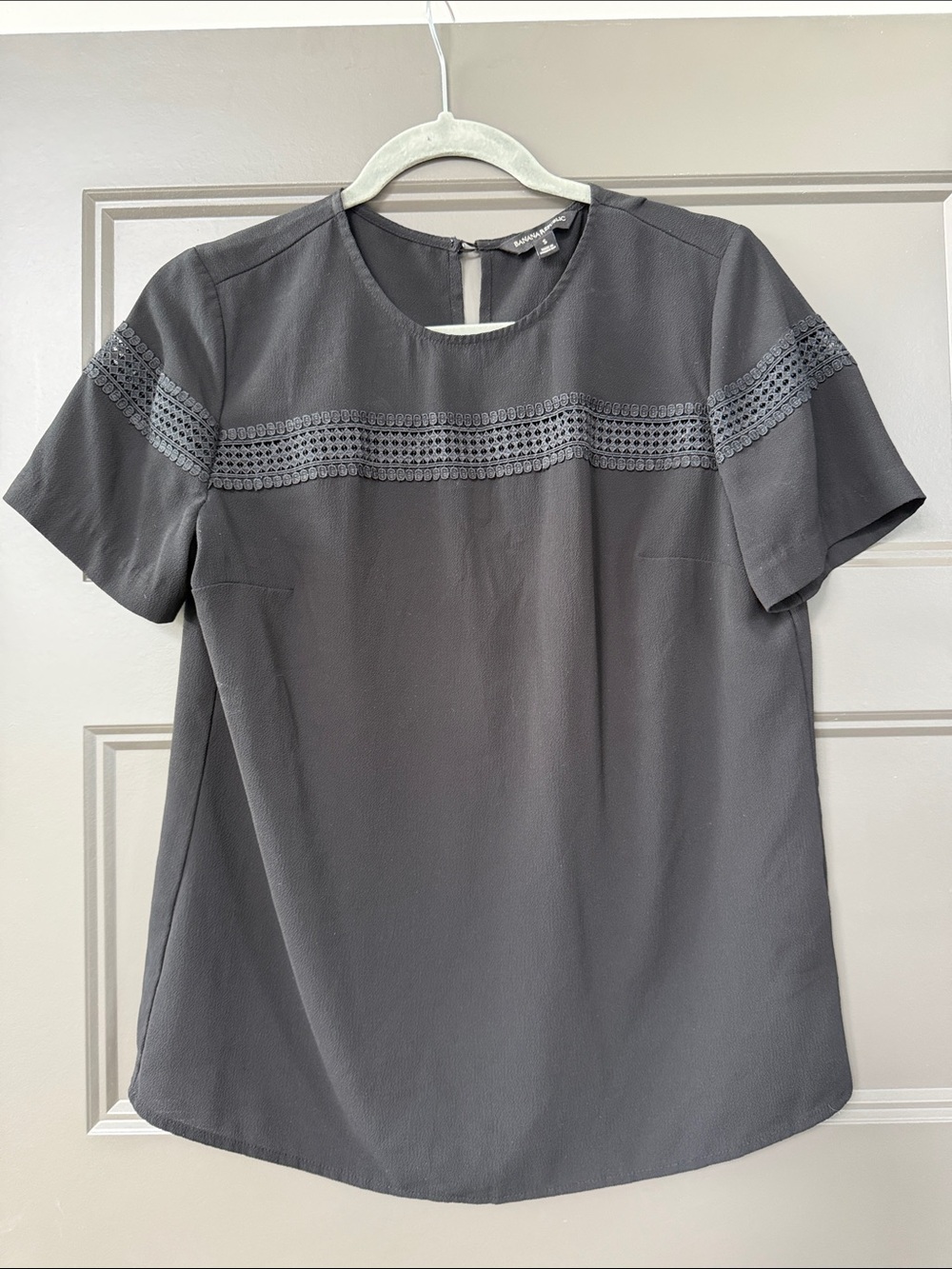 Black Short-Sleeve Blouse with Crochet Yoke - Women's